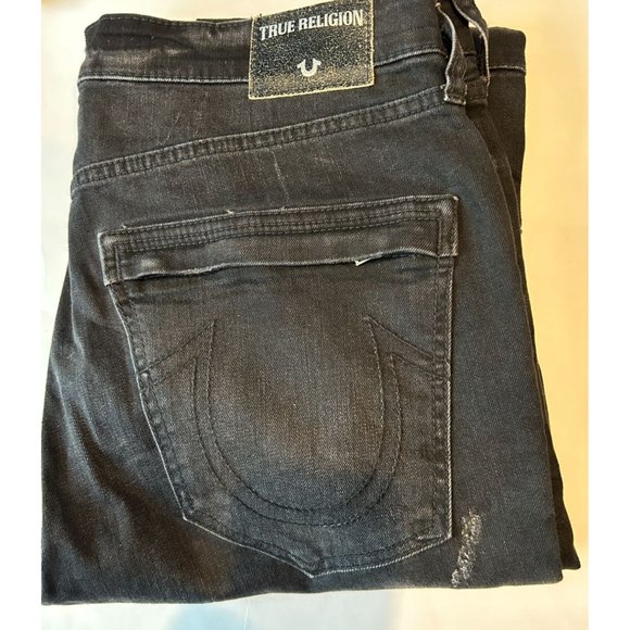 True Religion Mick Slouchy Skinny Black Jeans 34‎ x 31 Zipper Ankle Distressed - Picture 9 of 9